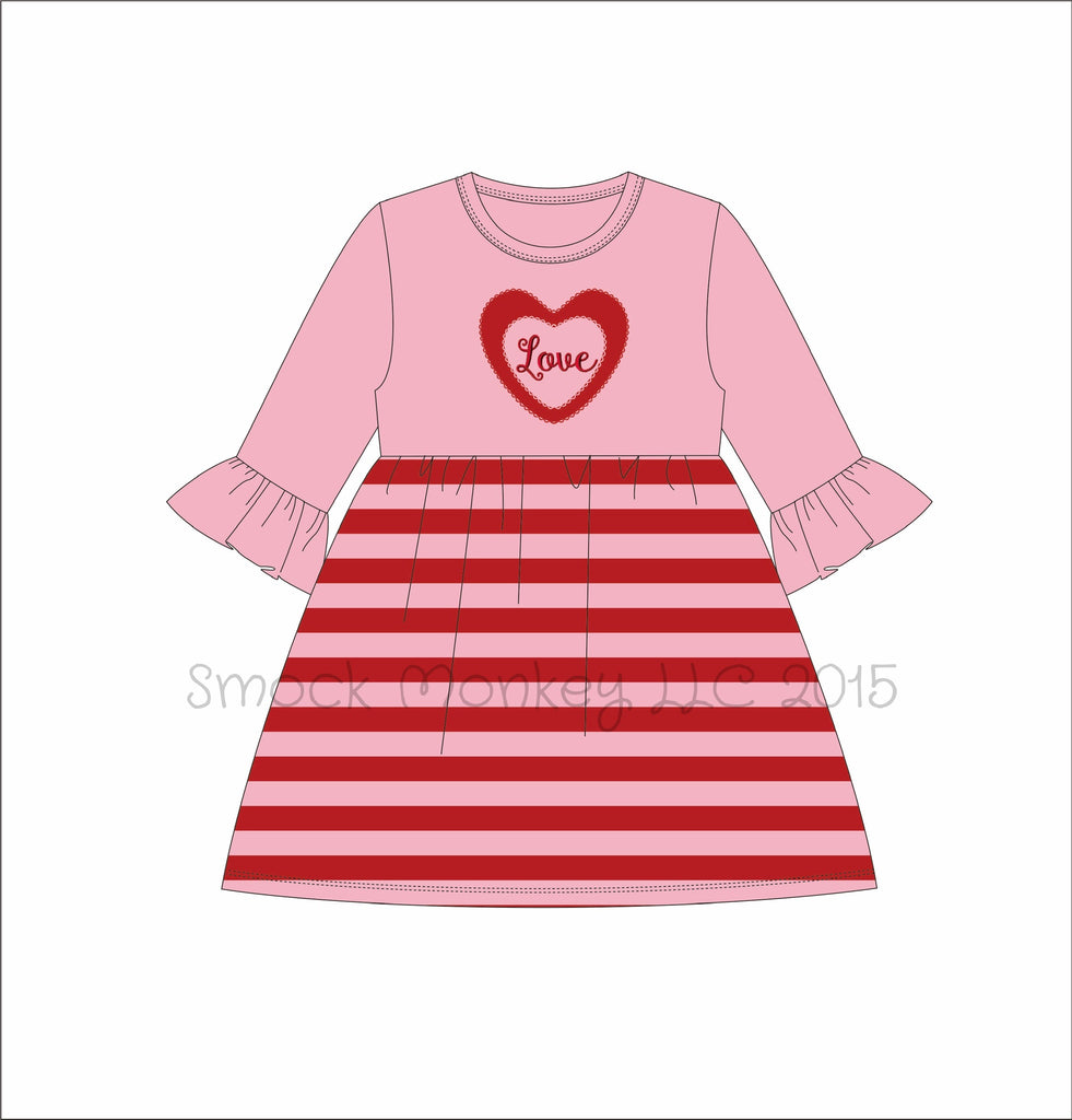 Girl's applique "LOVE" pink 3/4 sleeve with pink and red striped swing dress (12m,18m,24m,2t,3t,4t,7t,8t)