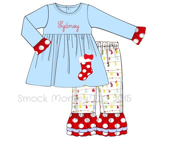 Girl's applique "STOCKING" blue swing top and stocking print ruffle pants (NO MONOGRAM) (6m,12m)
