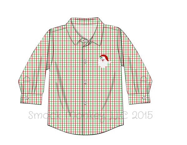 Boy's embroidered "SANTA" red/green windowpane long sleeve button down shirt (6m)