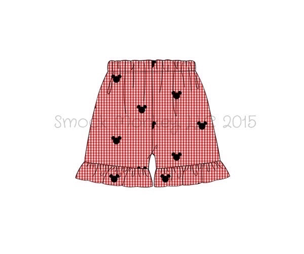 Girl's embroidered "BOY MOUSE" red microgingham ruffle shorts (3m,12m,18m)