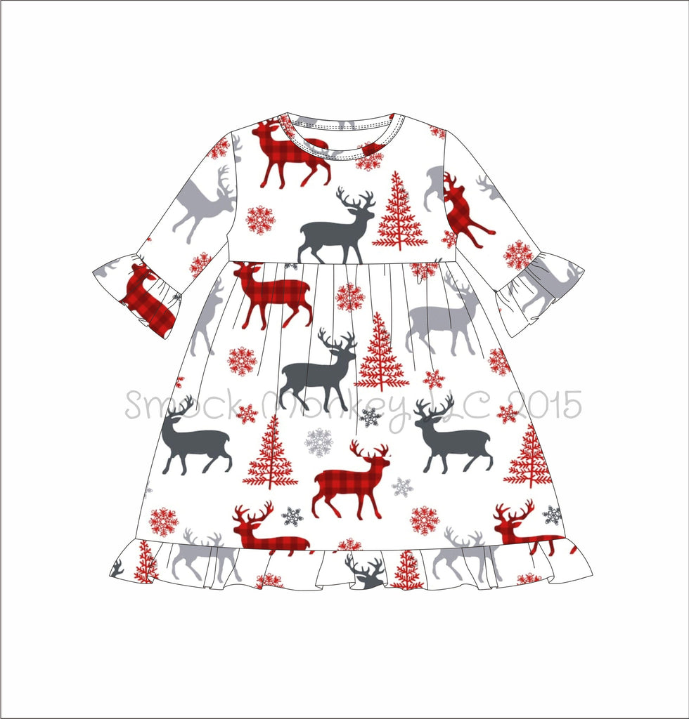 Girl's "CHRISTMAS DEER" print knit 3/4 sleeve ruffle swing dress (24m) SMOCK MONKEY Girl's "CHRISTMAS DEER" print knit 3/4 sleeve ruffle swing dress (24m) SMOCK MONKEY