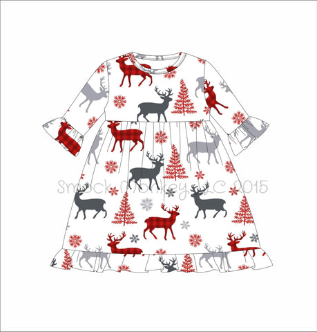 Girl's "CHRISTMAS DEER" print knit 3/4 sleeve ruffle swing dress (24m)