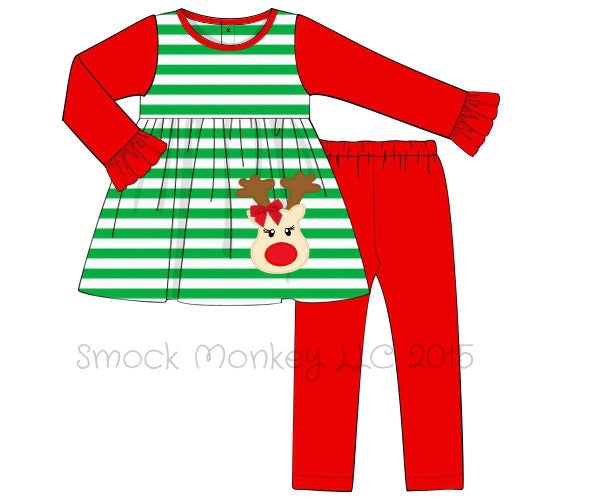 Girl's applique "RUDOLPH" long sleeve green striped with red long sleeves knit top and red leggings set (12m,24m)