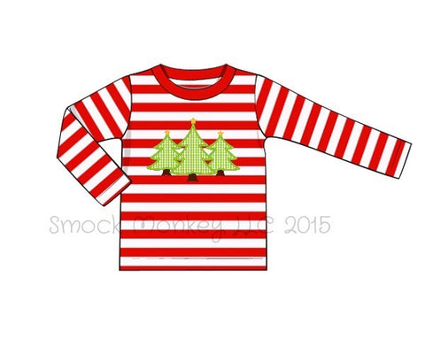 Boy's applique "CHRISTMAS TREES" red striped knit long sleeve shirt (3m,24m)