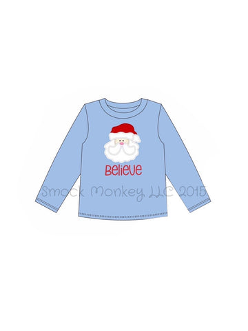 Unisex applique "BELIEVE SANTA" blue knit long sleeve shirt (14t,S,L,XL,XXL)*see comments on sizing