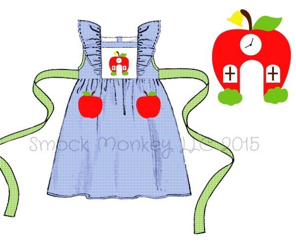 Girl's smocked "SCHOOL HOUSE" blue microgingham apron dress with lime green tie sash and apple pockets (2t)