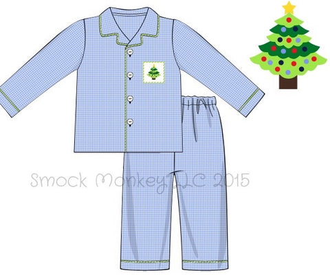 Boy's smocked "CHRISTMAS TREE" blue gingham cotton two piece button top set (24m)