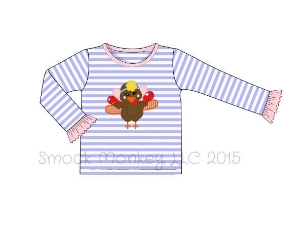 Girl's applique "MS. SUNFLOWER TURKEY" blue striped long sleeve knit shirt with ruffle sleeve (24m)