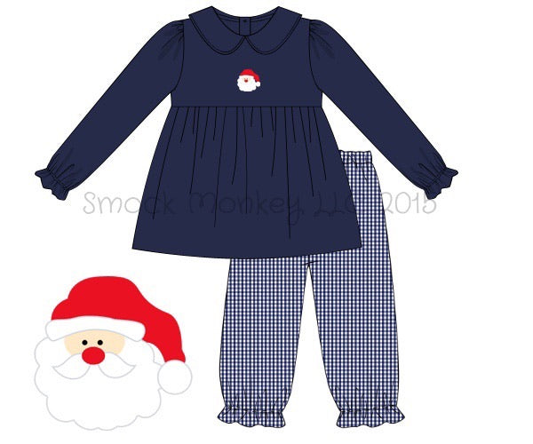 Girl's applique "SANTA" navy knit long sleeve swing top and navy gingham cotton gathered pants (12m)