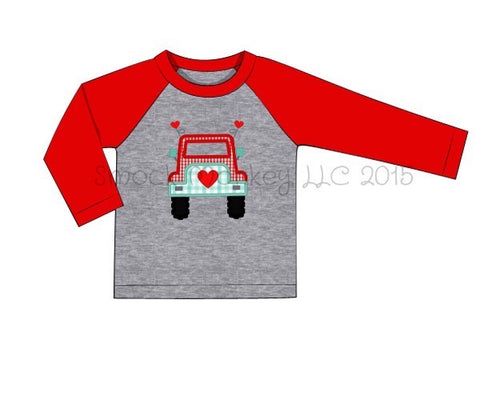 Boy's applique "BEEP BEEP JEEP LOVE" gray baseball shirt with red sleeves (12m)