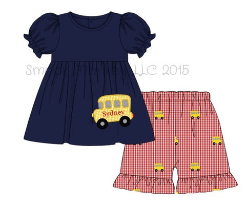 Girl's applique "READY FOR THE BUS" navy short sleeve swing top and red embroidered bus shorts set (NO MONOGRAM) (2t,7t,8t)