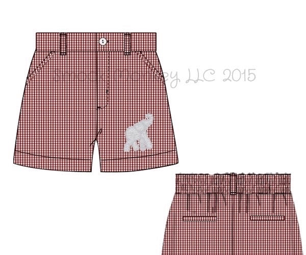 Boy's embroidered "ELEPHANT" garnet microgingham pocket shorts (NB,12m)
