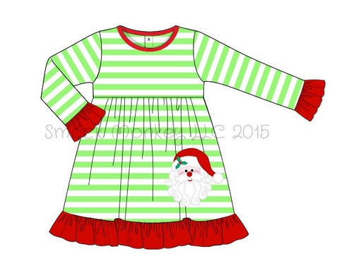 Girl's applique "SANTA" lime striped knit long sleeve swing dress (12m)