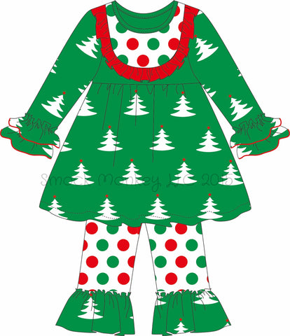 Girl's "CHRISTMAS TREE PRINT" knit swing top and polka dot ruffle pants (9m,12m,18m)