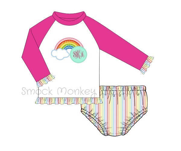 Girl’s applique “RAINBOW” white and hot pink ruffle rashguard and bottoms set (NO MONOGRAM) (2t)