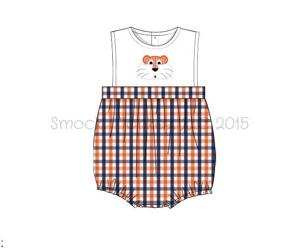 Boy's applique "TIGER" white with orange and navy plaid sleeveless bubble (6m,12m)
