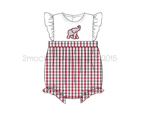 Girl's applique "ELEPHANT" white with garnet and gray plaid angel wing bubble (9m)