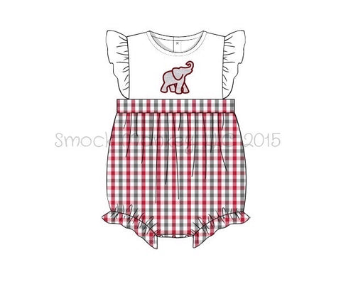 Girl's applique "ELEPHANT" white with garnet and gray plaid angel wing bubble (9m)