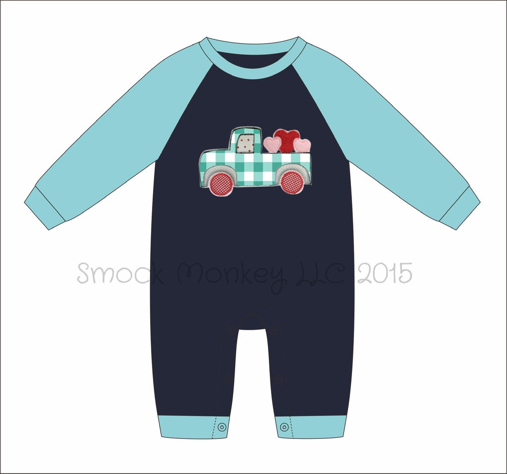 Boy's applique "TRUCKLOAD FULL OF LOVE" navy with aqua knit long sleeve (2t,3t)