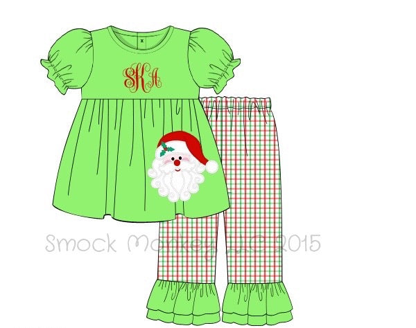 Girl's applique "SANTA" lime knit short sleeve swing top and red/green windowpane ruffle pants (NO MONOGRAM) (24m)
