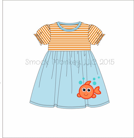 Girl's applique "BUBBLE FISH" orange striped knit with blue short sleeve swing dress (24m)