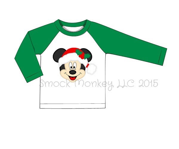Boy's applique "SANTA MOUSE" white with green sleeves baseball shirt (9m,12m,24m)