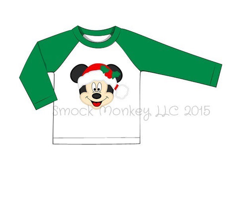 Boy's applique "SANTA MOUSE" white with green sleeves baseball shirt (12m, 24m, 2t)