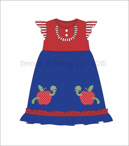 Girl's applique "WORMY APPLE" blue with red angel wing knit swing dress (4t)