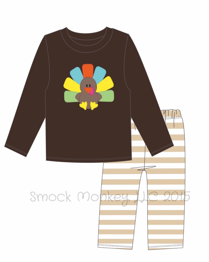 Boy's applique "TURKEY" light brown* knit long sleeve shirt and tan striped pant set (9m)