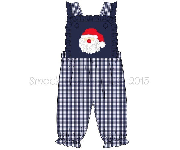 Girl's applique "SANTA" navy knit and microgingham long bubble overalls (NB)