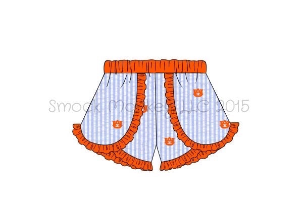 Girl's blue seersucker embroidered "AU" with orange trim shorts (12m)