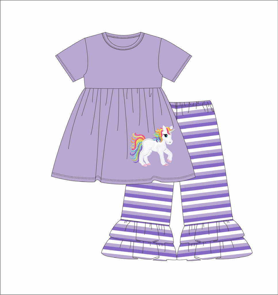 Girl's applique "UNICORN" lavender short sleeve knit swing top and purple striped knit ruffle pants (3m,12m,24m)