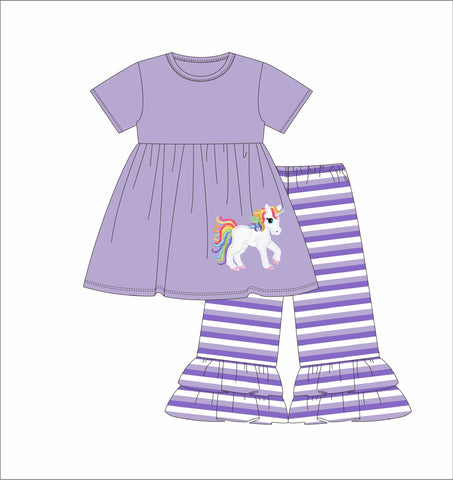 Girl's applique "UNICORN" lavender short sleeve knit swing top and purple striped knit ruffle pants (3m,12m,24m)