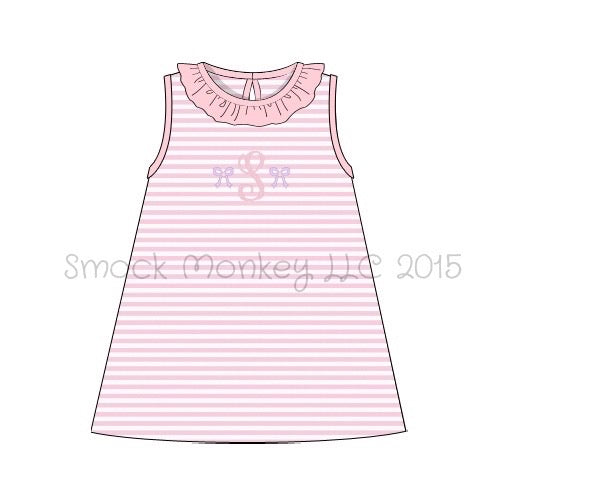 Girl's embroidered "BOWS" pink striped knit sleeveless ruffle collar a-line dress (NO MONOGRAM) (12m)