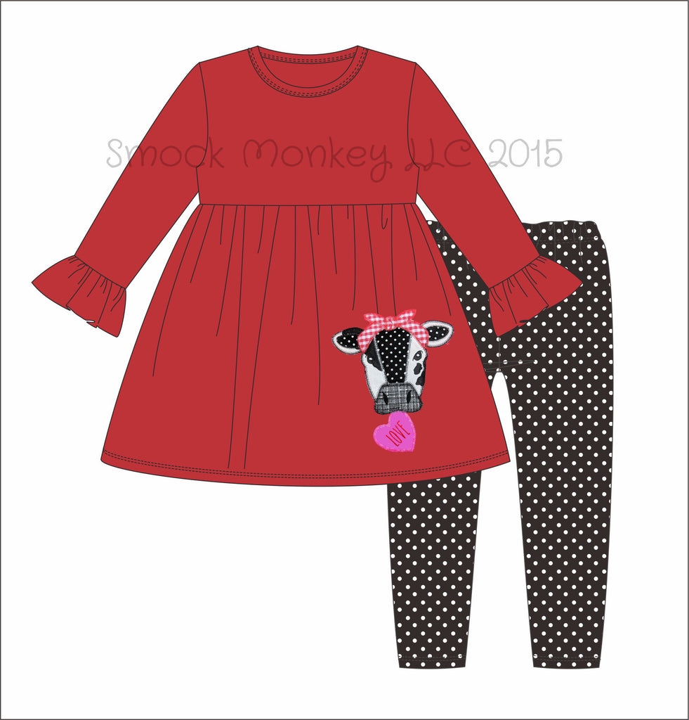 Girl's applique "COW LOVE" red long sleeve knit swing top and black polka dot knit ruffle pants (18m,24m,10t)