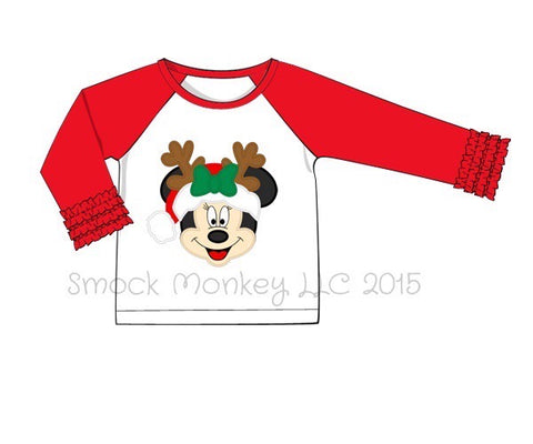 Girl's applique "SANTA MOUSE" white with red ruffle sleeves baseball shirt (18m)
