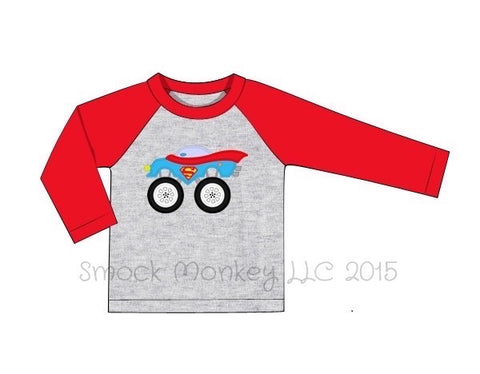 Boy's applique "SUPERHERO MONSTER CAR" gray and red long sleeve baseball shirt (24m,8t)