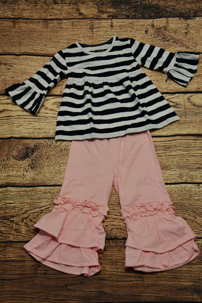 GIrl's navy and white striped bell sleeve swing top and pink triple ruffle pants (2t)