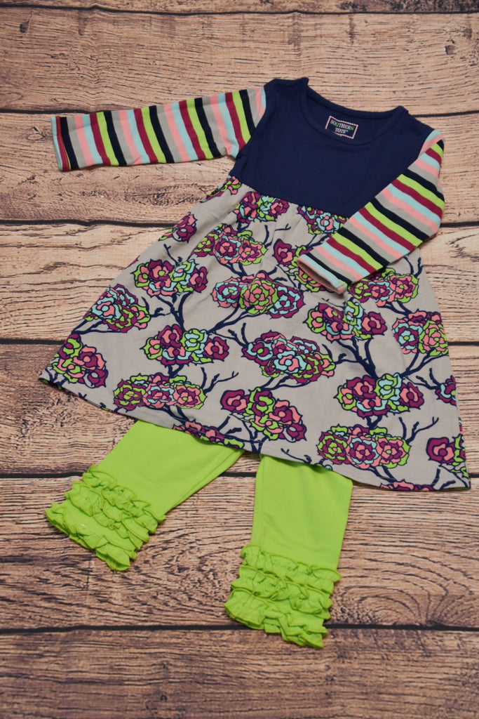 ST Girl's navy, floral and striped swing top and lime green ruffle leggings (12m,12t)