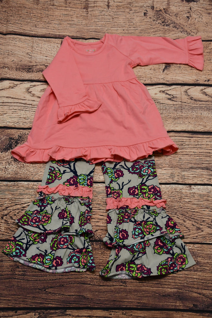 ST Girl's pink ruffle top and floral print long ruffle pants (3t,5t)
