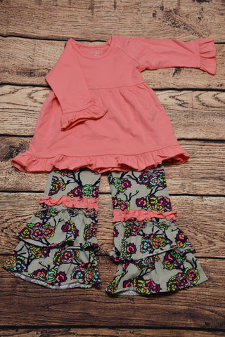 ST Girl's pink ruffle top and floral print long ruffle pants (3t,5t)