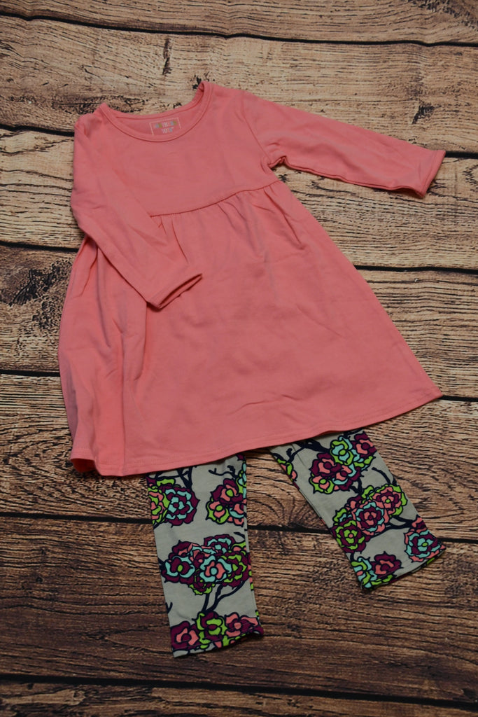 Girl's long sleeve pink swing dress and floral leggings