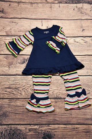 ST Girl's navy and striped swing top with striped ruffle pants (8t,10t,12t)