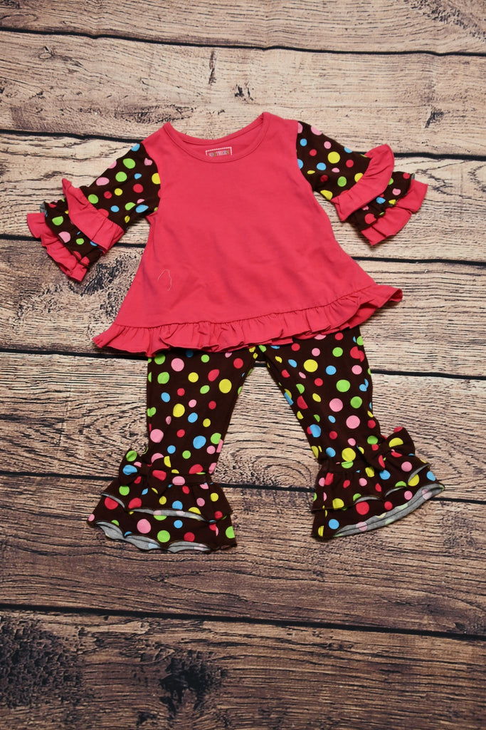 Girl's hot pink with polka dot ruffle sleeves and polka dot print ruffle pants (18m,2t)