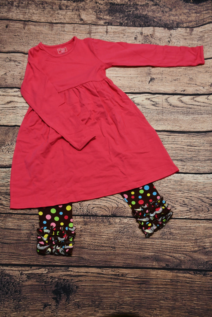 Girl's hot pink swing dress with polka dot ruffle leggings (12t)