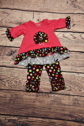 Girl's ST applique "TURKEY" hot pink top and polka dot ruffle leggings (6t)