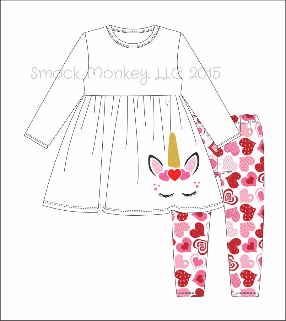 Girl's applique "VALENTINE UNICORN" white knit long sleeve swing top and heart print knit ruffle pants (12m)