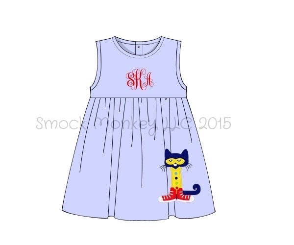 Girl's applique "SMART CAT" baby blue sleeveless swing dress (NO MONOGRAM) (10t)