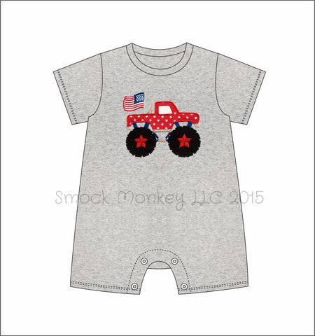 Boy's applique "PATRIOTIC MONSTER TRUCK" gray knit short sleeve short romper (9m,12m,18m,2t,3t)