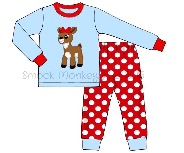 Girl's applique "CLARICE the REINDEER" light blue knit with red polka dot pajama set (6m,12m)